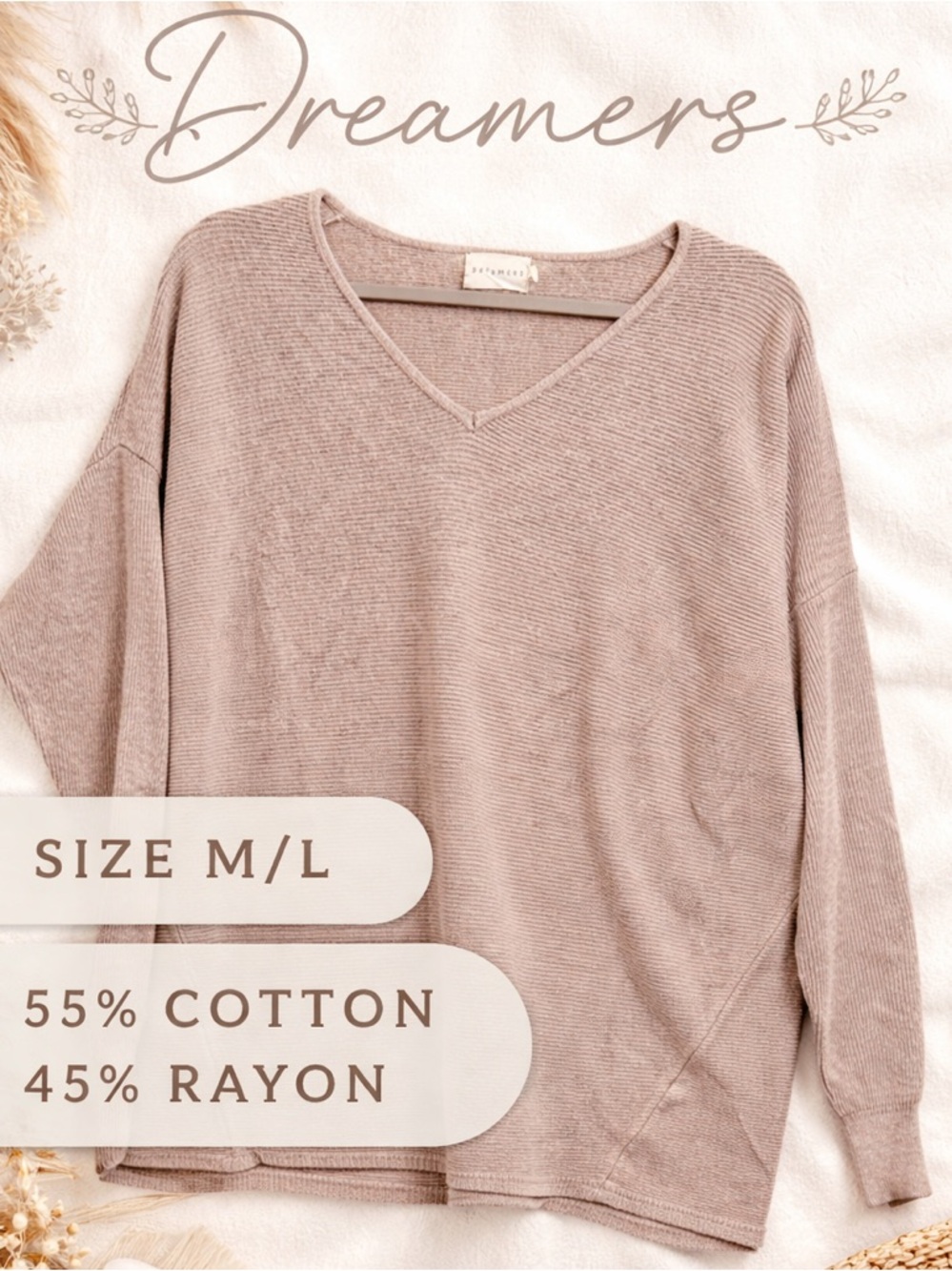 Dreamers Oversized V Neck Knit Sweater Taupe Cozy Boho ribbed M/L